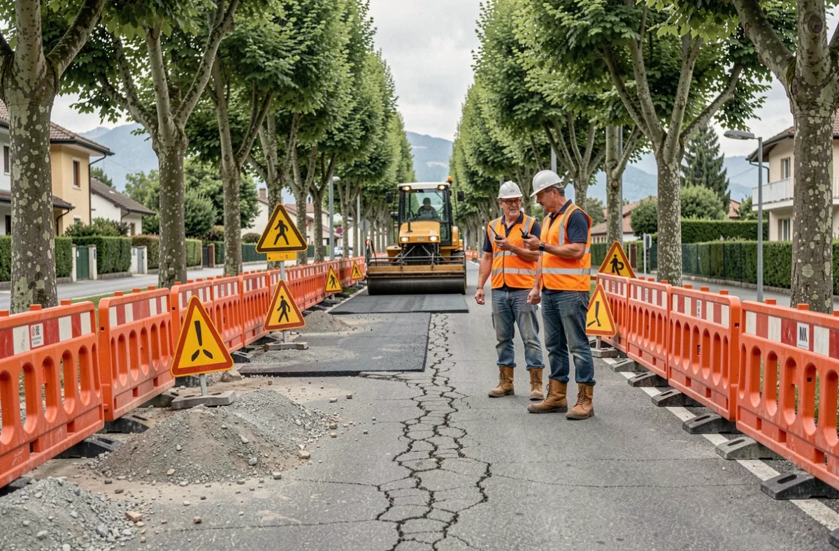 Travaux de voirie sur la Route de Thonon avec ouvriers en gilets haute visibilité et barrières de signalisation orange