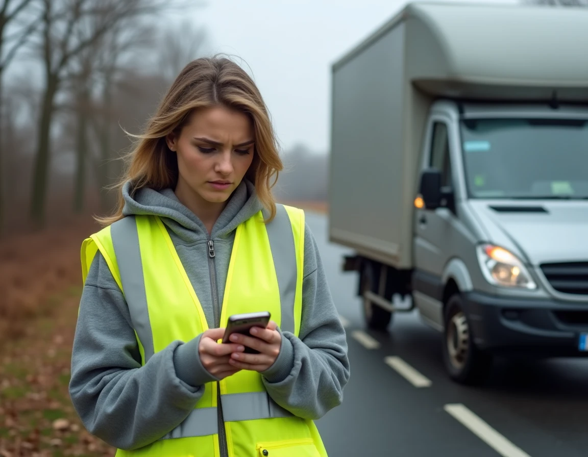Femme en gilet jaune appelant de l'aide à côté d'un utilitaire en panne sur une route de campagne