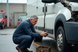 Mécanicien inspectant le moteur d'un utilitaire blanc en panne dans un dépôt de véhicules