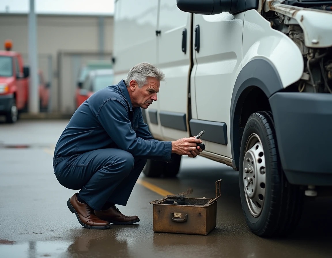 Mécanicien inspectant le moteur d'un utilitaire blanc en panne dans un dépôt de véhicules