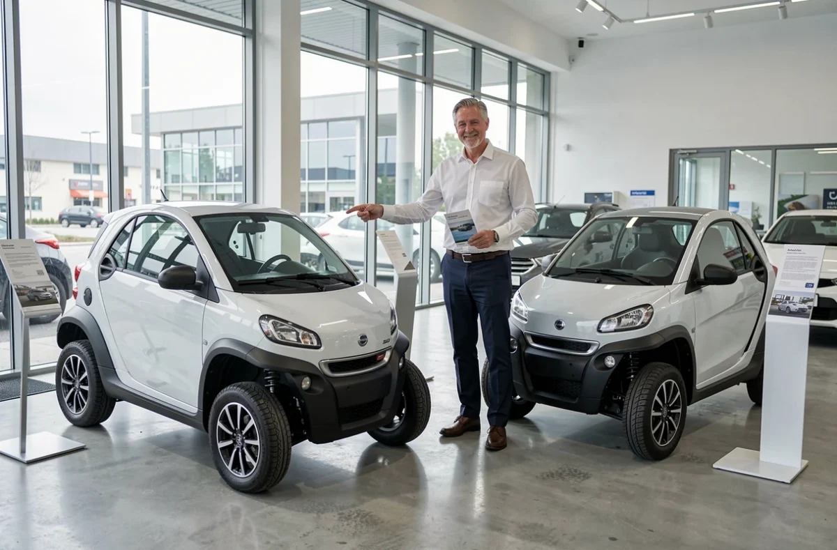 Vendeur en concession présentant des modèles de voitures sans permis à un client potentiel