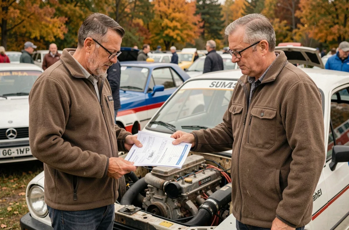 Acheteur vérifiant les documents d'homologation VHC d'une voiture de rallye lors d'une vente privée
