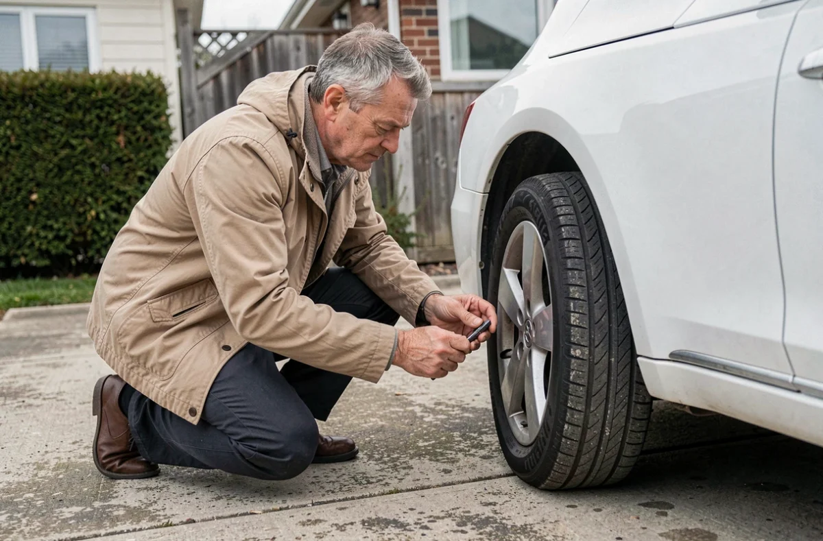 Propriétaire de voiture vérifiant la profondeur des rainures du pneu sur son allée avant le contrôle technique