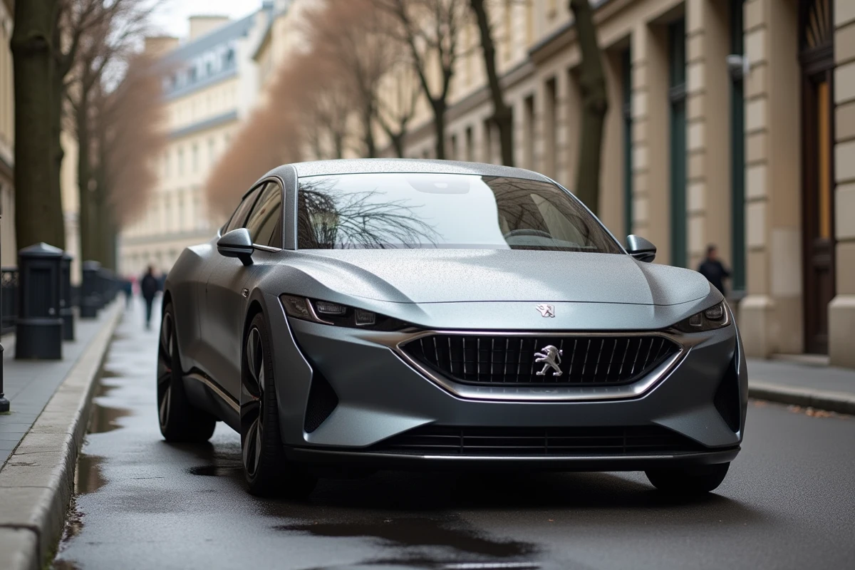 Véhicule électrique Peugeot garé sur un boulevard parisien avec façades haussmanniennes en arrière-plan