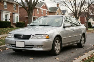 Voiture compacte d'occasion en bon état garée dans une rue résidentielle, idéale pour un budget de 5000 euros