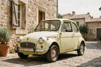 Ancienne voiture sans permis jaune pastel garée sur une rue pavée d'un village provençal
