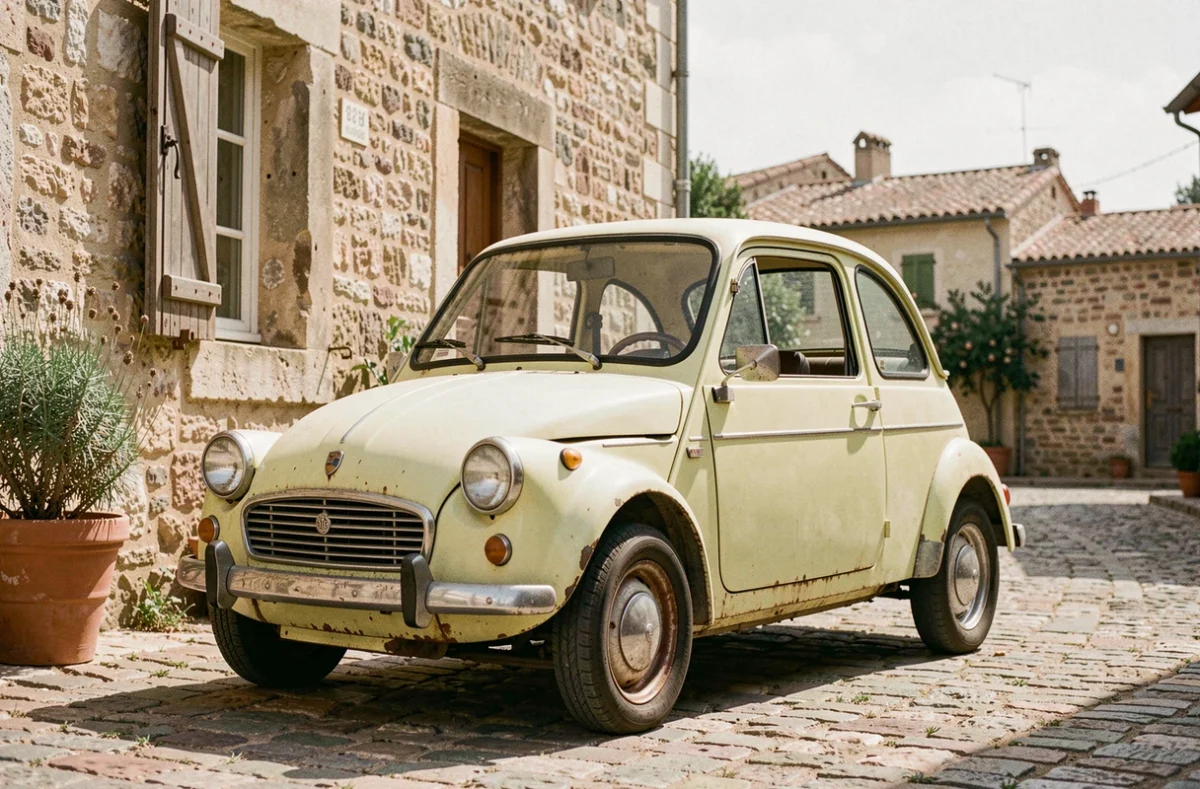 Ancienne voiture sans permis jaune pastel garée sur une rue pavée d'un village provençal