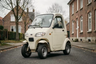 Voiture sans permis d'occasion garée dans une rue résidentielle de l'Oise avec façades en briques typiques du nord de la France