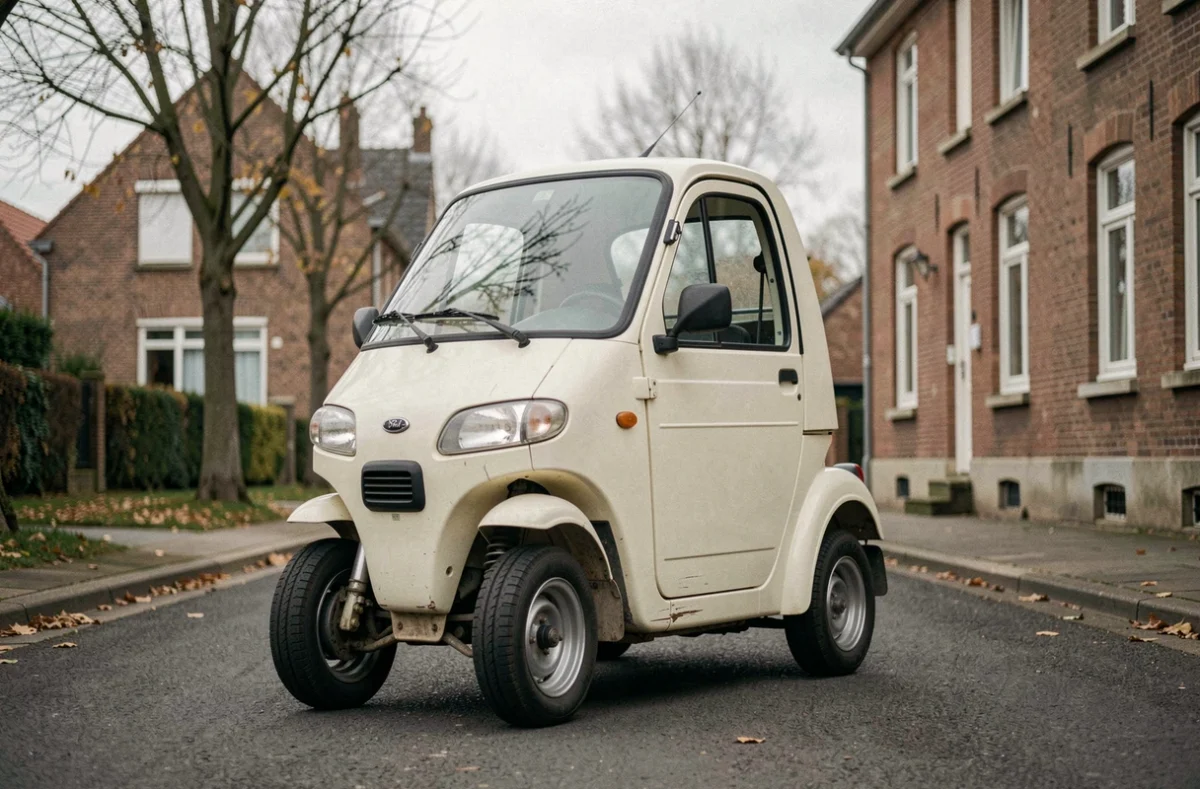 Voiture sans permis d'occasion garée dans une rue résidentielle de l'Oise avec façades en briques typiques du nord de la France
