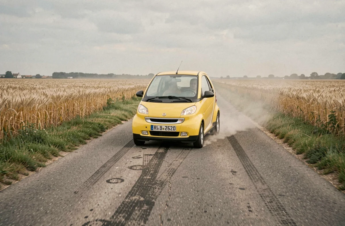 Petite voiture sans permis jaune roulant sur une route de campagne bordée de champs de blé en France