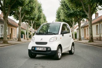 Voiture sans permis blanche garée dans une rue résidentielle française entourée de platanes