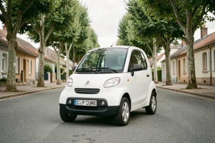 Voiture sans permis blanche garée dans une rue résidentielle française entourée de platanes