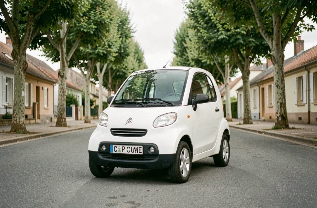 Voiture sans permis blanche garée dans une rue résidentielle française entourée de platanes