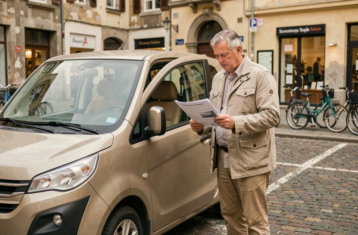 Homme comparant les caractéristiques techniques d'une voiturette 4 places en milieu urbain