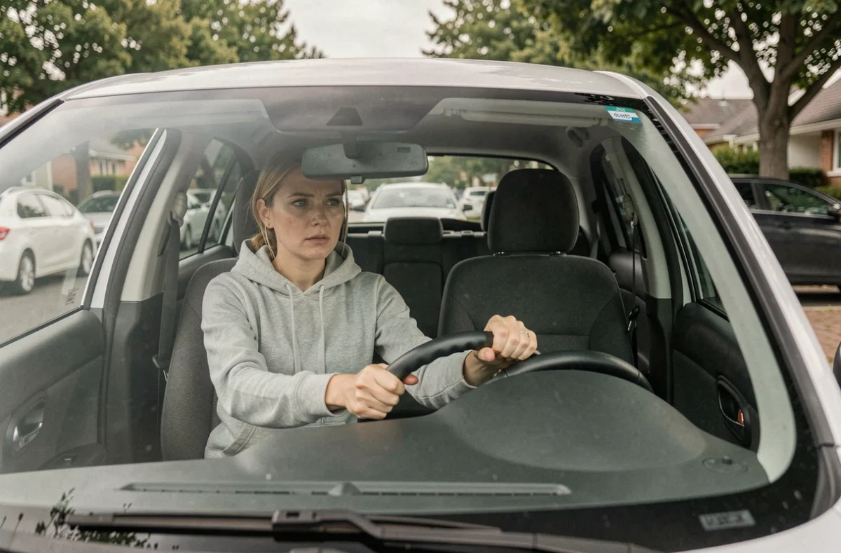 Femme au volant remarquant un volant de voiture mal centré avant une visite au contrôle technique
