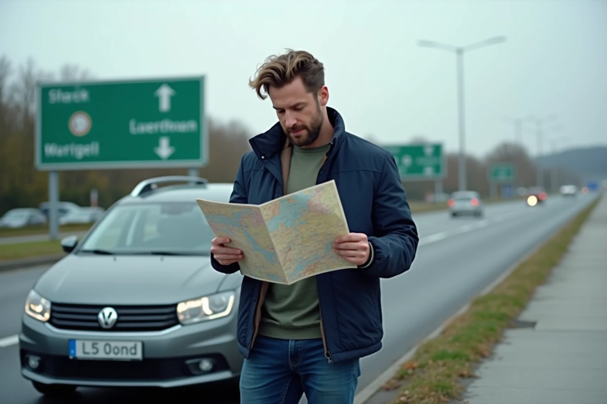 Homme debout près d'une voiture immatriculée au Luxembourg avec la lettre L, consultant une carte routière dans une aire d'autoroute européenne