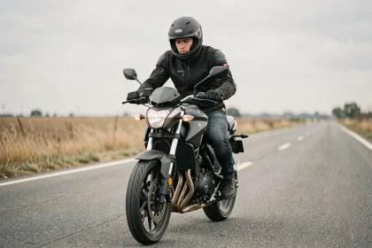 Pilote en position aérodynamique sur une Yamaha MT-125 sur route droite pour maximiser la vitesse de pointe