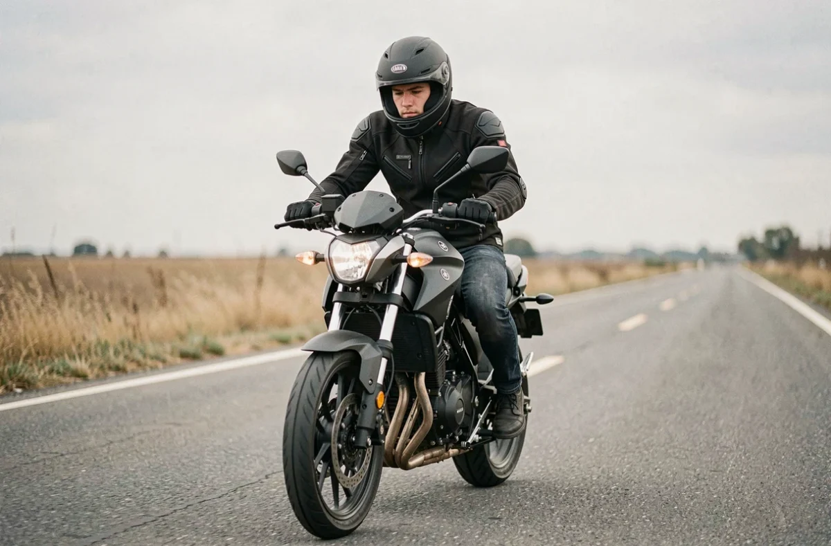 Pilote en position aérodynamique sur une Yamaha MT-125 sur route droite pour maximiser la vitesse de pointe