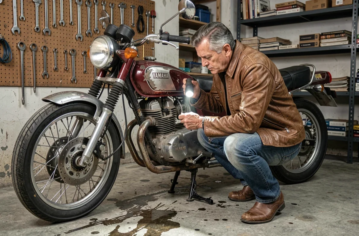 Passionné de motos inspecte une Yamaha RD 350 occasion dans un garage privé pour évaluer son état de collection