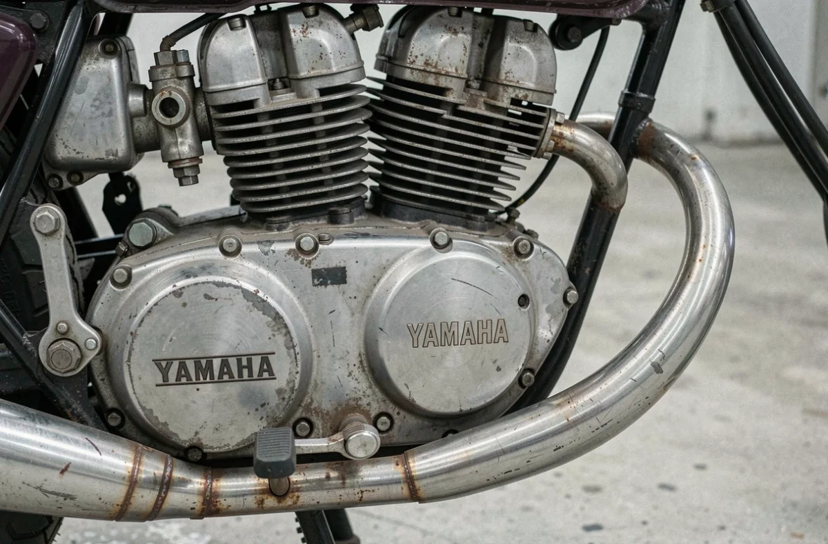 Détail moteur deux-temps Yamaha RD 350 occasion avec patine et rouille authentique sur les échappements