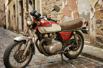 Yamaha RD 350 de collection en occasion avec patine authentique garée sur pavés anciens, vue trois quarts avant