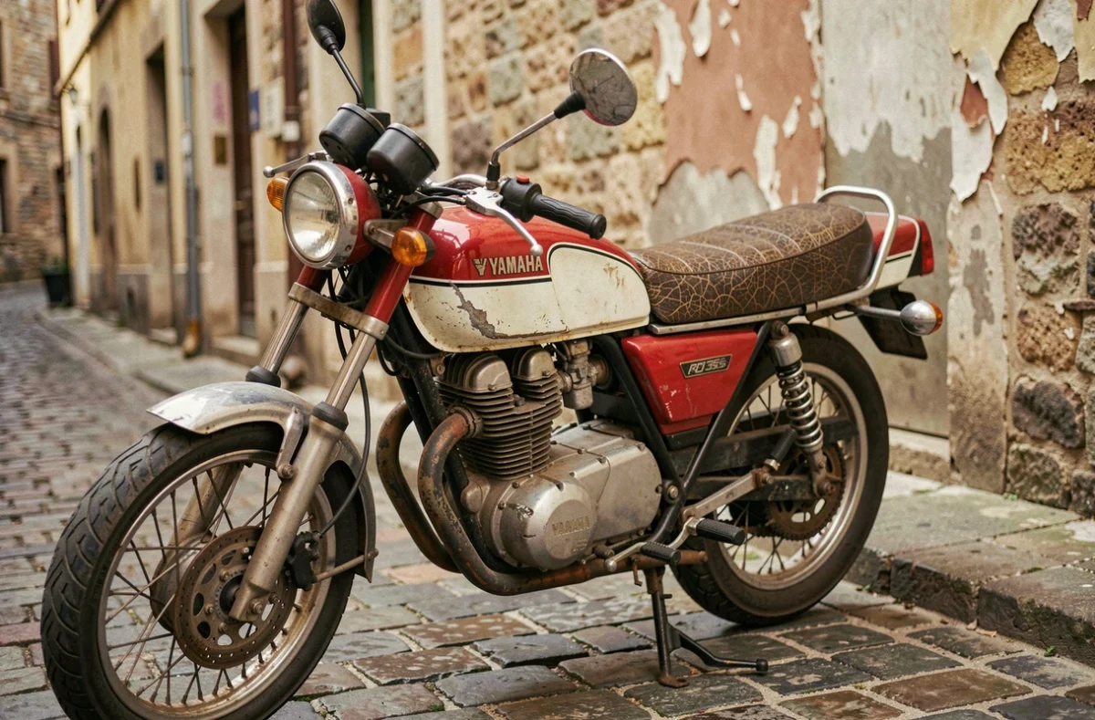 Yamaha RD 350 de collection en occasion avec patine authentique garée sur pavés anciens, vue trois quarts avant